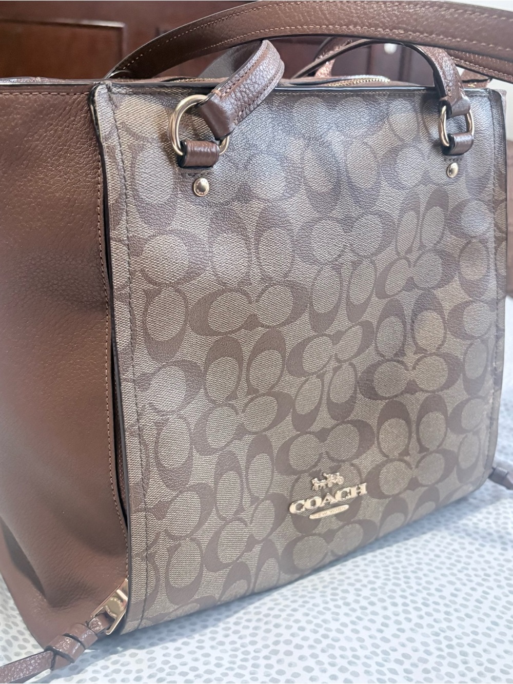 Coach Brown & Gold Signature Canvas Tote with Leather Trim